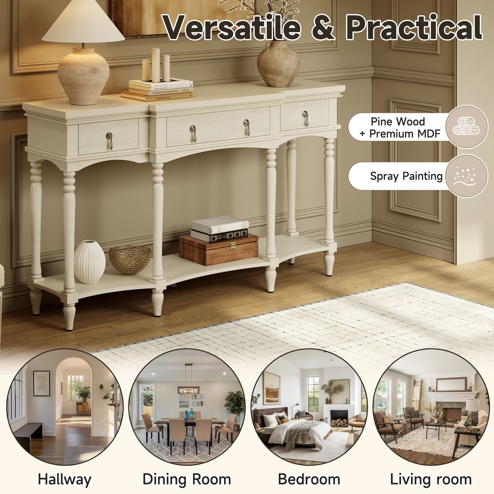 Euroco 57.8" Console Table with 3 Drawers, Narrow Long Sofa Table with Bottom Storage Shelf & Turned Roman Legs, Entryway Table for Living Room, Hallway,White
