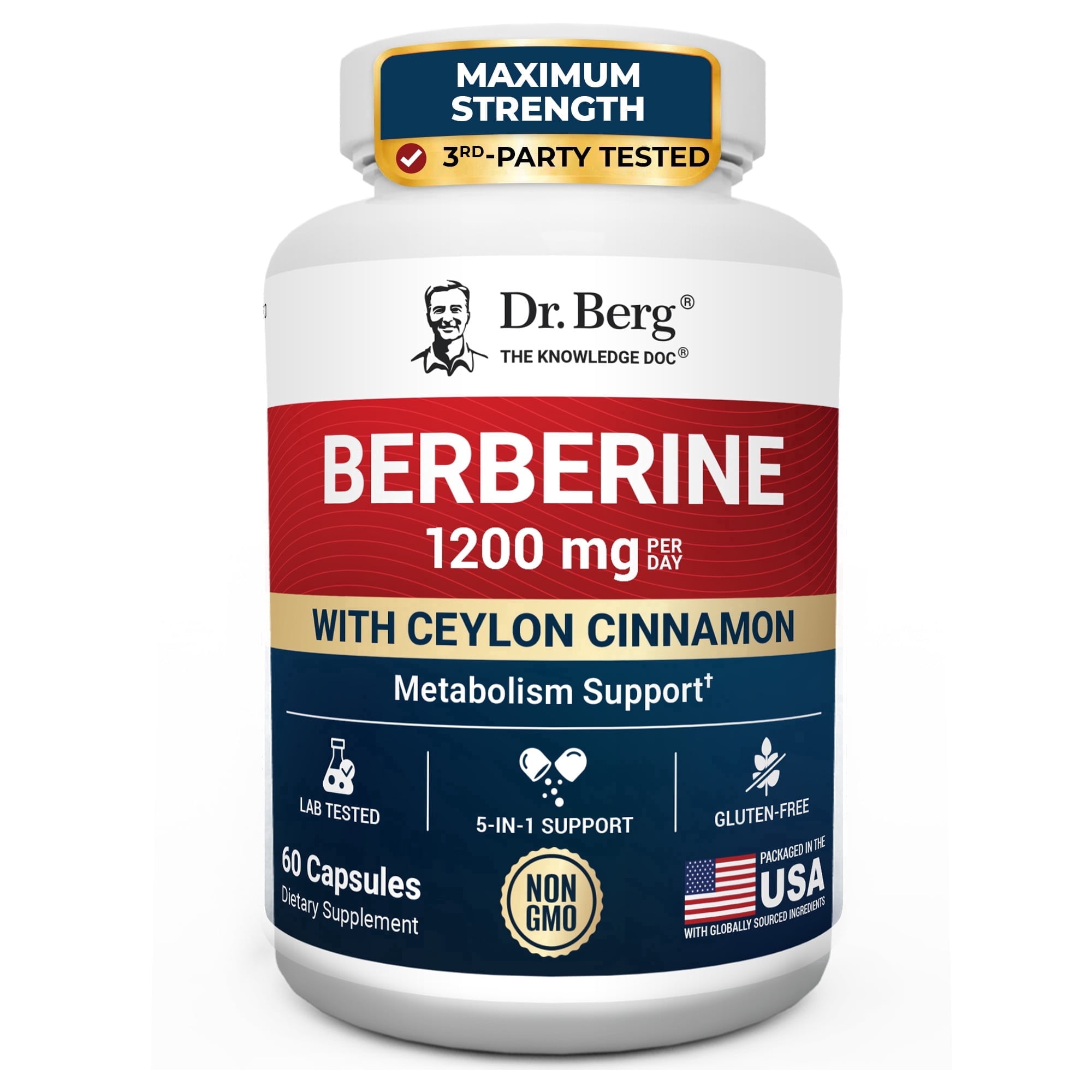 Dr. Berg Berberine with Ceylon Cinnamon Supplement, 1200 mg Berberine HCl per Daily Serving, 5-in-1 Formula with Alpha Lipoic Acid, Magnesium Glycinate & BioPerine, Non-GMO, Gluten-Free, 60 Capsules
