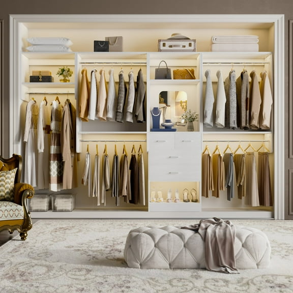 Homieasy Wall Mounted Closet System with 2 Sets, Heavy Duty Closet Organizer System with Drawers & Hanging Rods, Multifunctional Reversible Wardrobe Closet for Bedroom, Closet, White