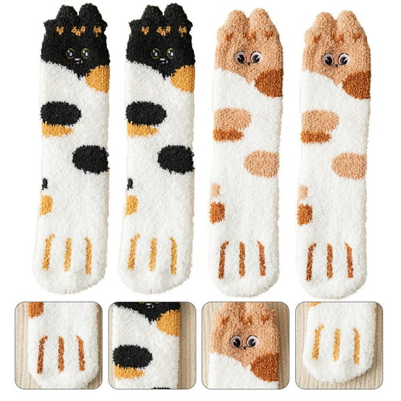 Amosfun 2 Pairs Girls Slipper Socks Winter Wearing Polyester Anti-pilling Socks White with Brown Spots