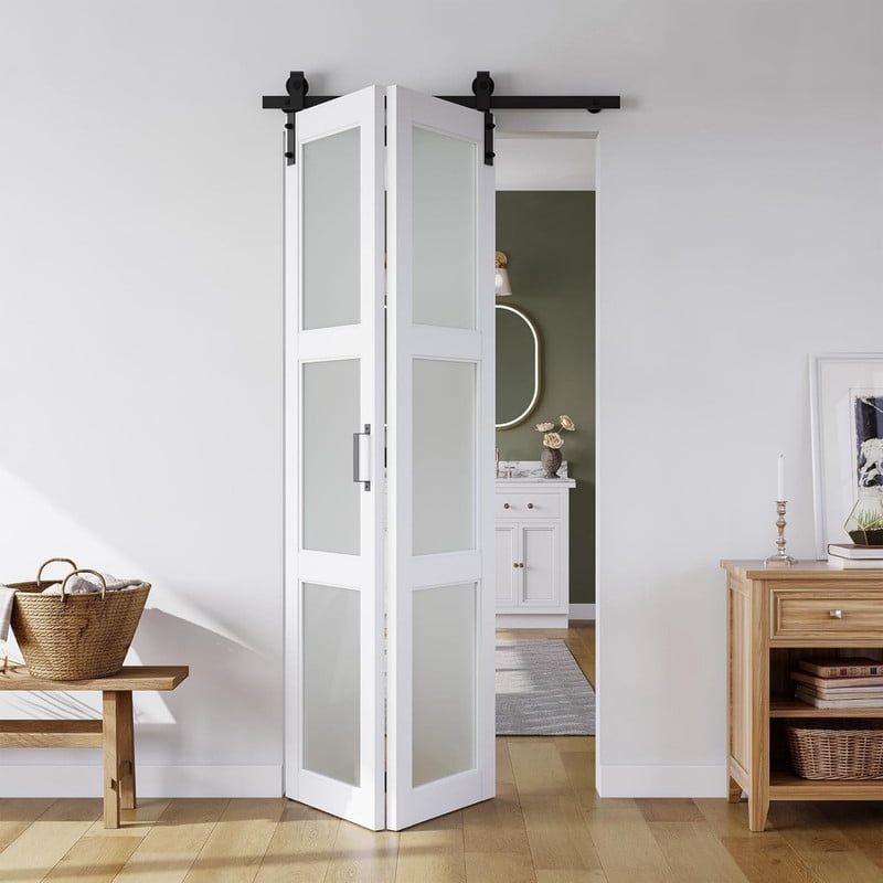 Easy4Home 40"x84" Bifold Barn Door Frosted Glass Design with Hardware and Track Kit
