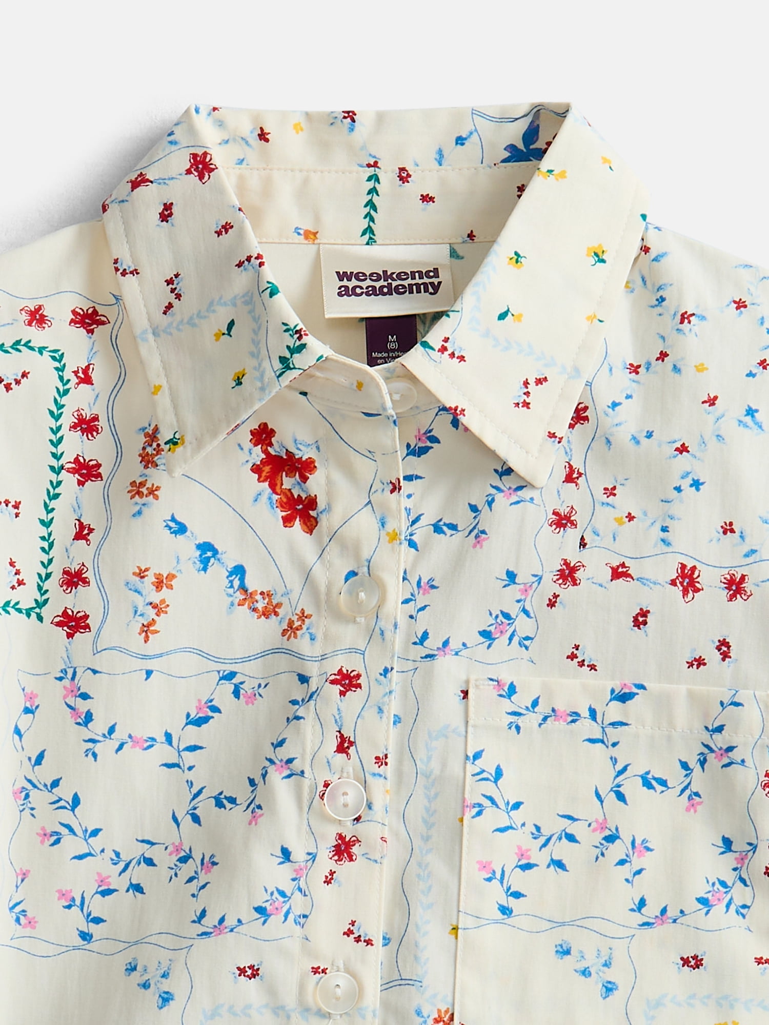 Weekend Academy Girl Cropped Button Down Cotton Shirt with Short Sleeves, Sizes 4-18