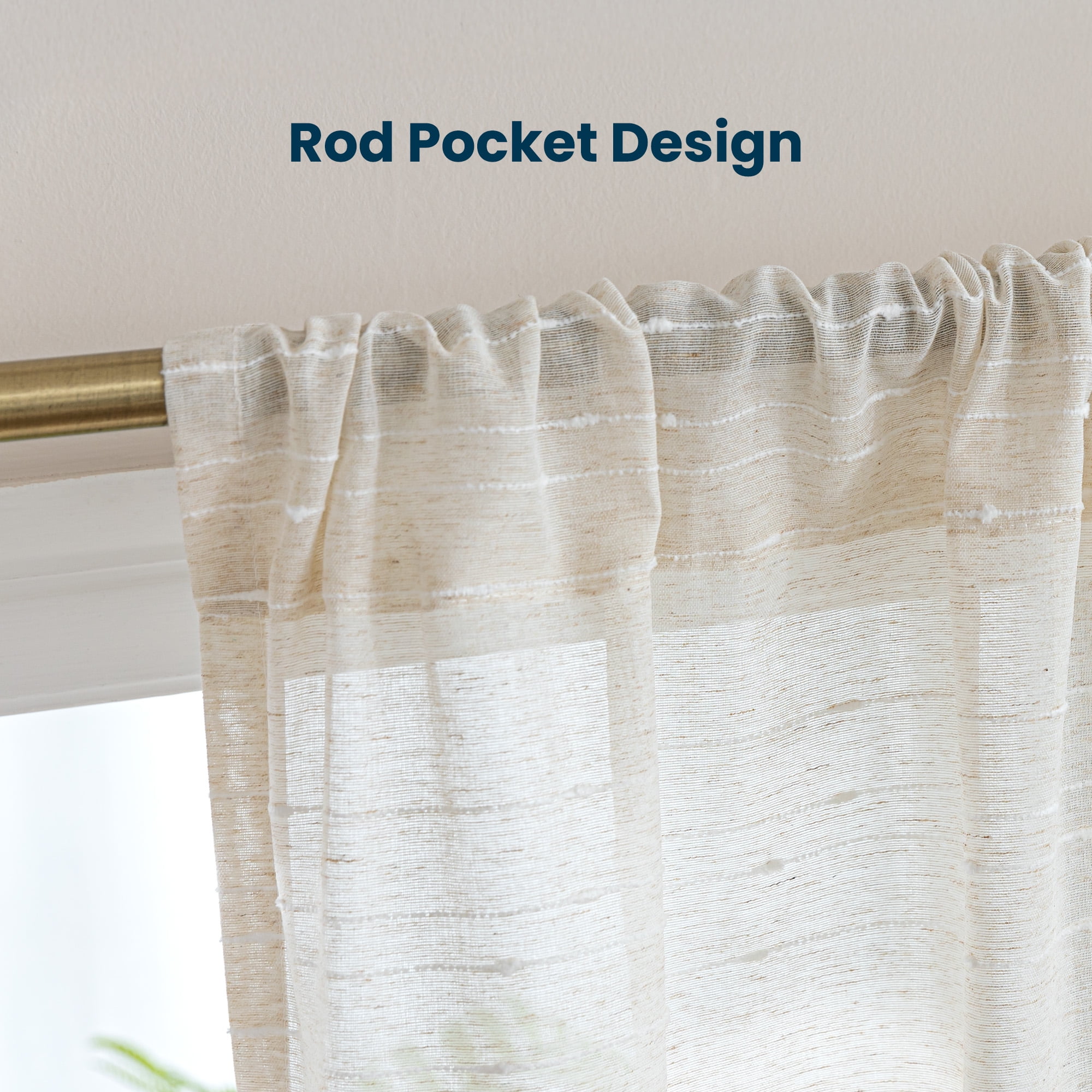 Sleep Zone Striped Jacquard Linen Sheer Curtains, Semi-Sheer Window Curtain Panels Living Room, Semitransparent Soft Privacy Drapes 2 Panels, 52" x 84" Beige