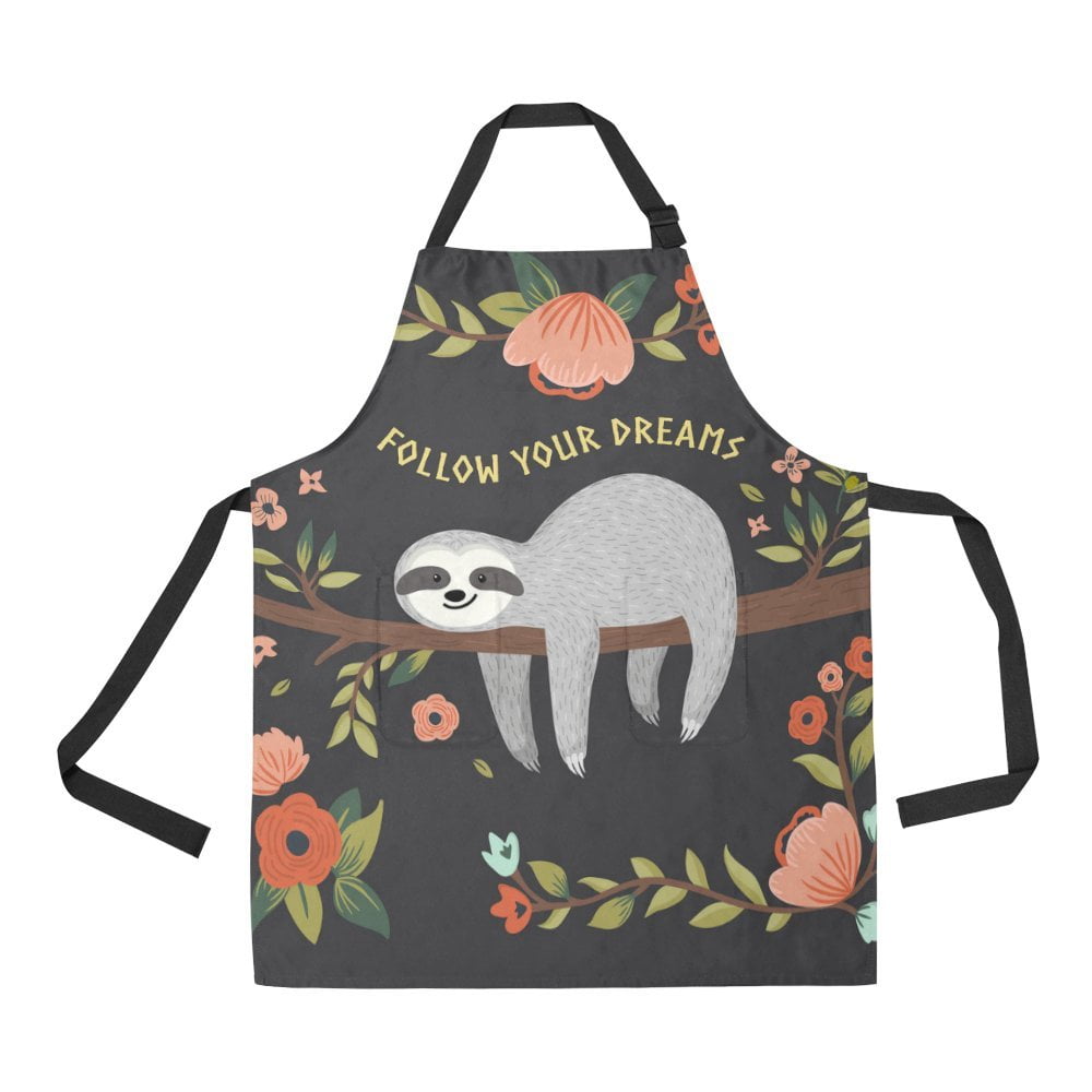 ASHLEIGH Follow Your Dreams Cartoon Baby Sloth Apron Kitchen Cook for Women Men Girls Chef with Pockets Cute Baby Sloth on the Tree Funny Adjustable Bib Baking Paint Cooking Apron Dress