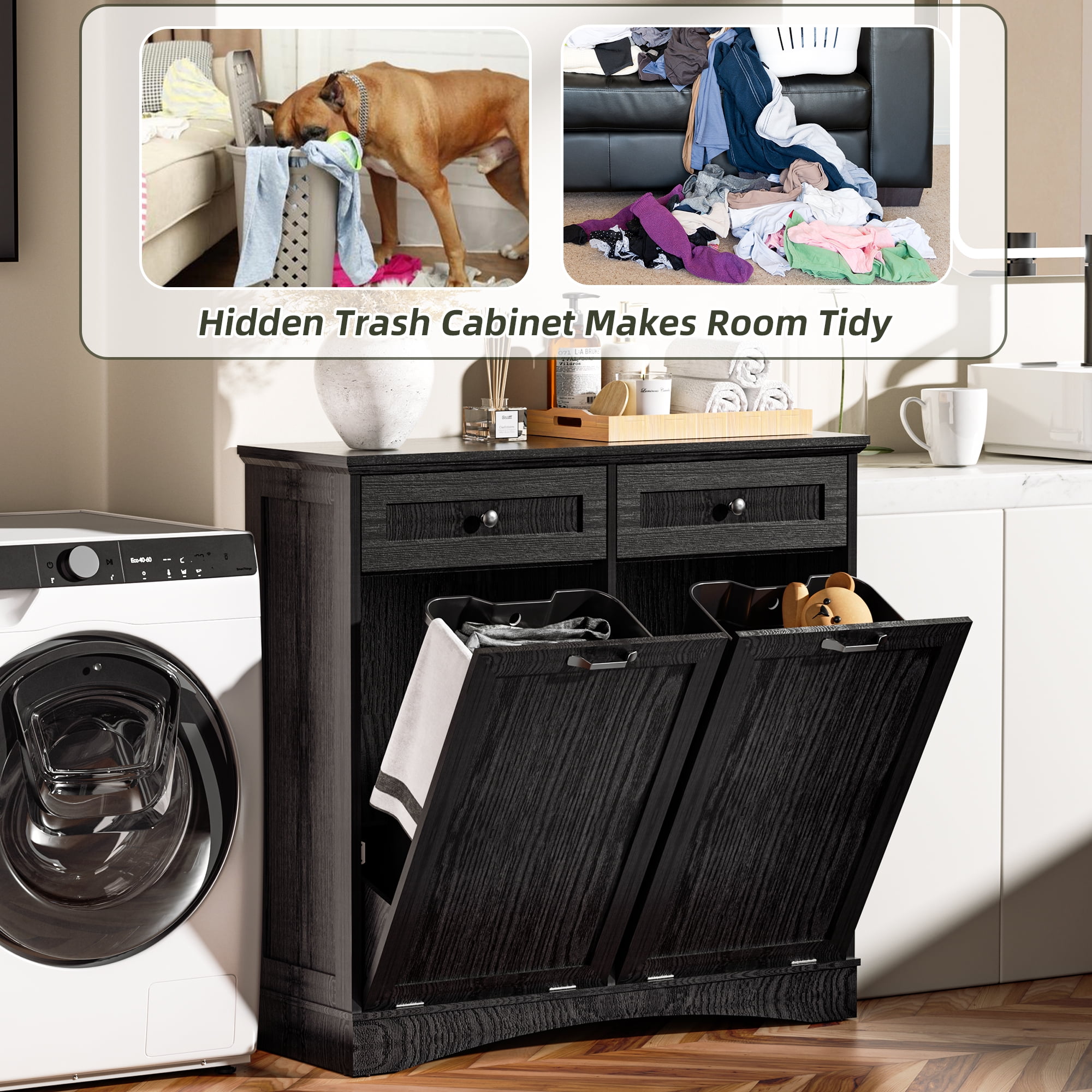 HARIPUL Double Tilt Out Trash Cabinet, 26 Gallon Trash Can Cabinet with Drawers & Handles for Kitchen, Black