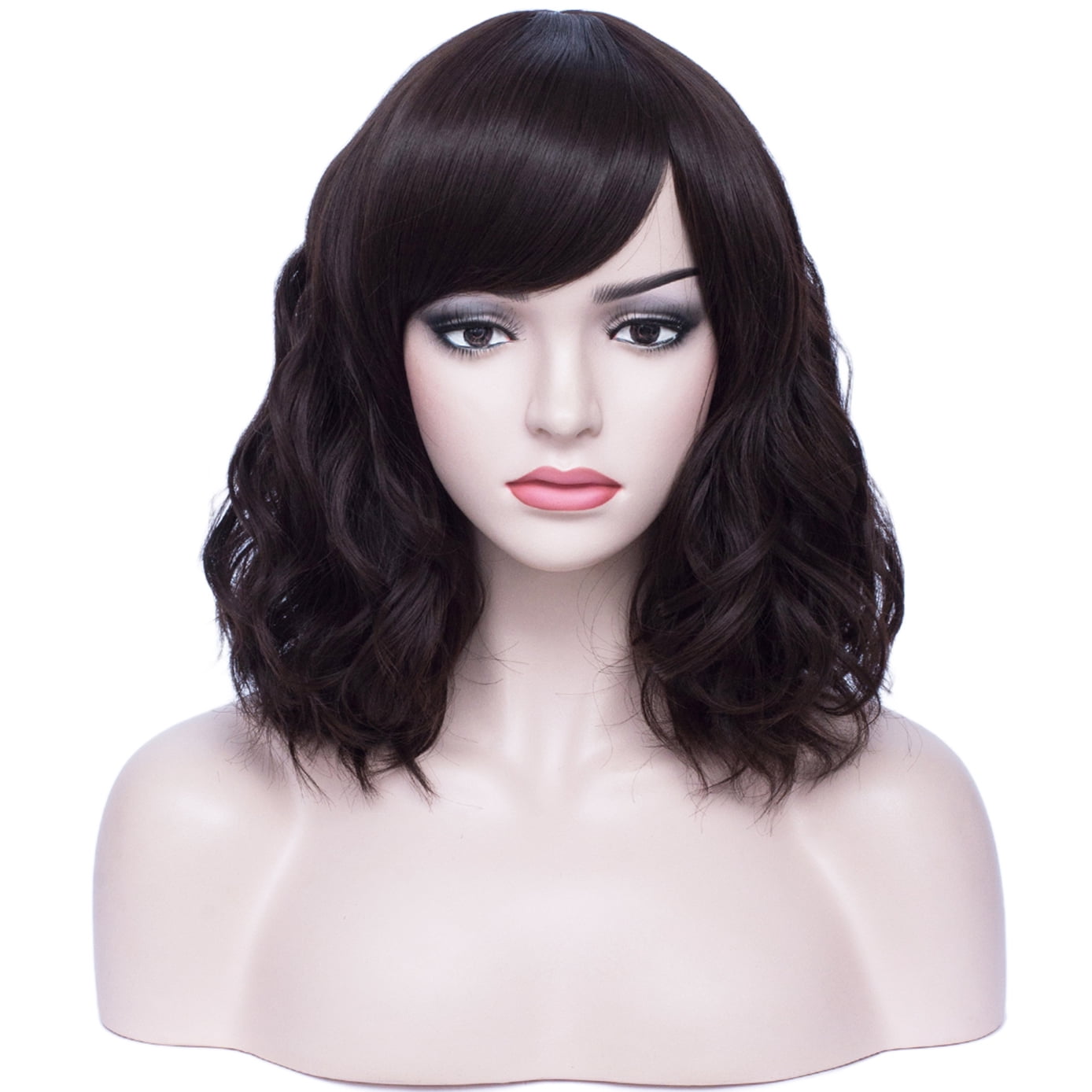 BERON Dark Brown Short Wigs Curly Wavy Women Wig with Side Part Bangs Synthetic Hair Wigs
