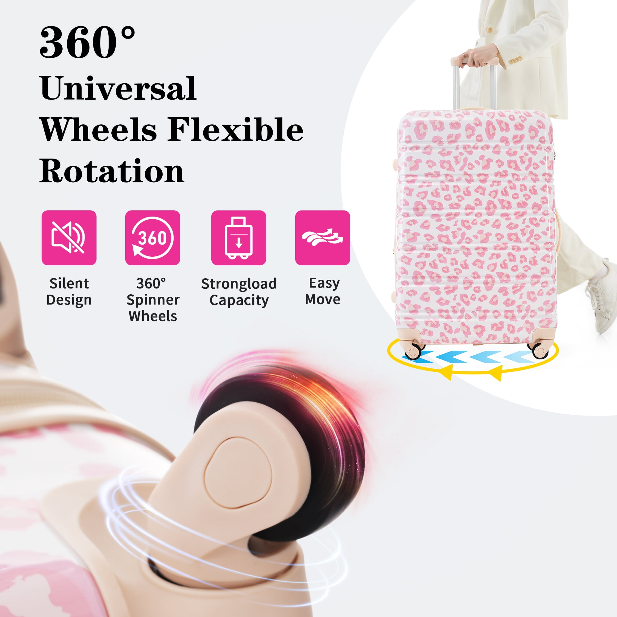 EUROCO 3PCS Luggage Sets(20"/24"/28"),Expandable PC Durable Hardshell Lightweight Suitcase Sets with TSA Lock and 360 Silent Spinner Wheels,Pink Leopard