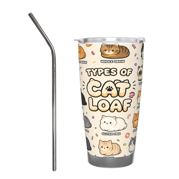 20oz Cute Cat Loaf Tumbler with Handle Stainless Steel Insulated Travel Coffee Cup Funny Cat Gift with Stainless Steel Straw