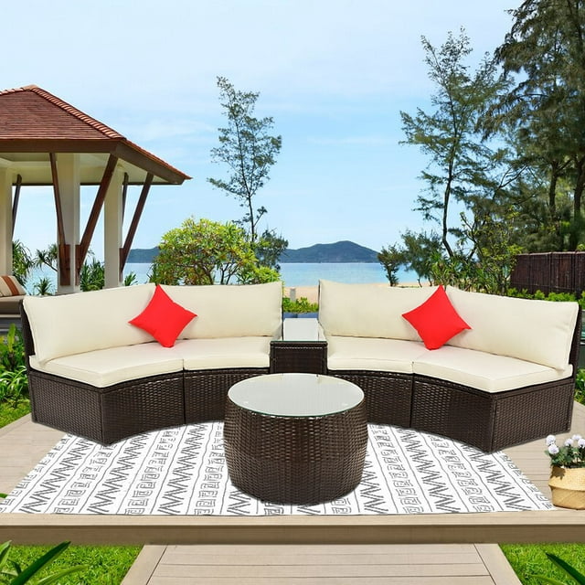 Outdoor Patio Furniture Sets, 4-Piece Outdoor Wicker Half-Moon Sectional Conversation Sofa Sets with 2 Double Half-Moon Sofa, 1 Coffee Table, 1 Side Table, 2 Pillow, for Lawn Garden Porch, S5559