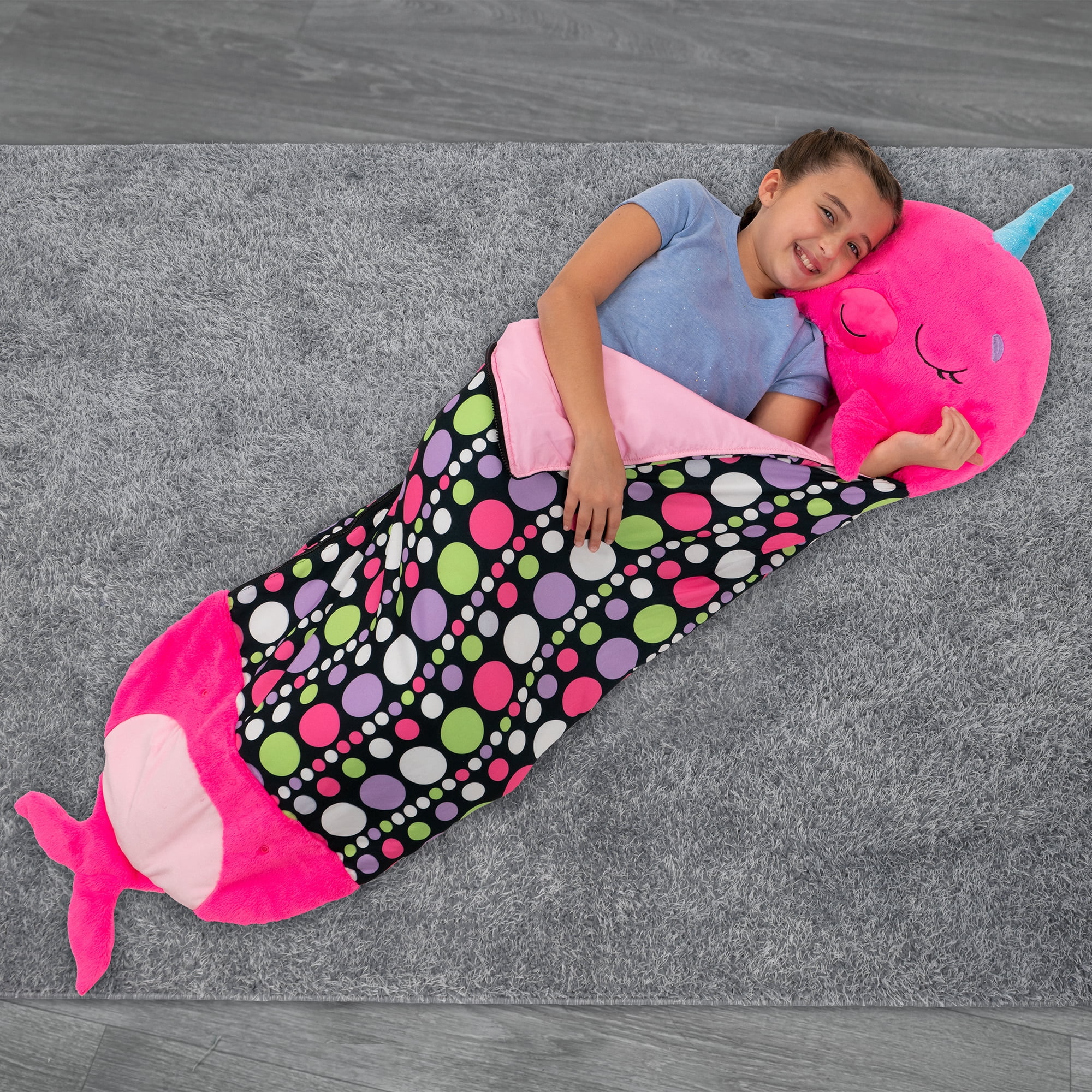 Happy Nappers: Pillow & Sleepy Sack: Medium - Neil The Pink Narwhal - 54x20", 2-In-1: Plush Animal Opens To Sleeping Bag, Soft Play Character, Kids 3+