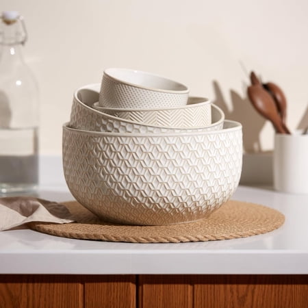 Ceramic Mixing Bowls Nesting Set of 4 Embossed Kitchen Dishware Prep Serving Gift Microwave and Dishwasher Safe 20/44/98/145 oz Narbonne Collection Ivory