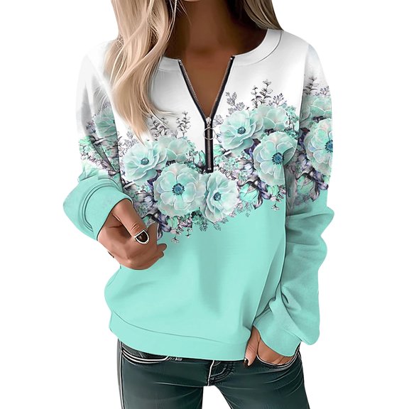 Bovemsi Cropped Sweatshirt for Women Vintage Sports Basic Quarter Zip Floral V Neck Micro Elastic Long Sleeve Fall Winter Tops for Women TrendyM