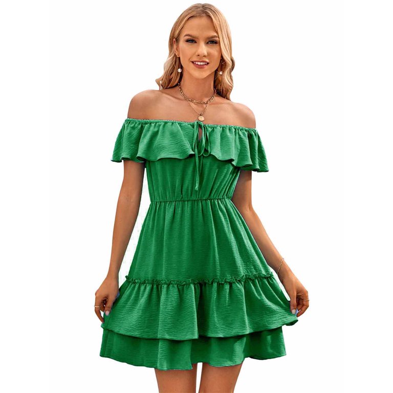 Sunisery Womens Square Neck Dress 3/4 Puff Sleeve A-Line Casual Short Mini  Dress 