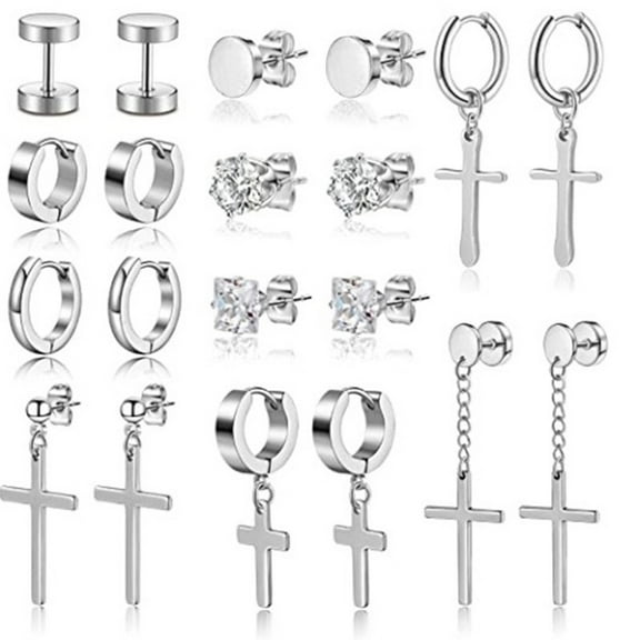 Huhudde 10 Set Long Chain Stud Cross Dangle Earrings Set Cool Titanium Steel Jewelry