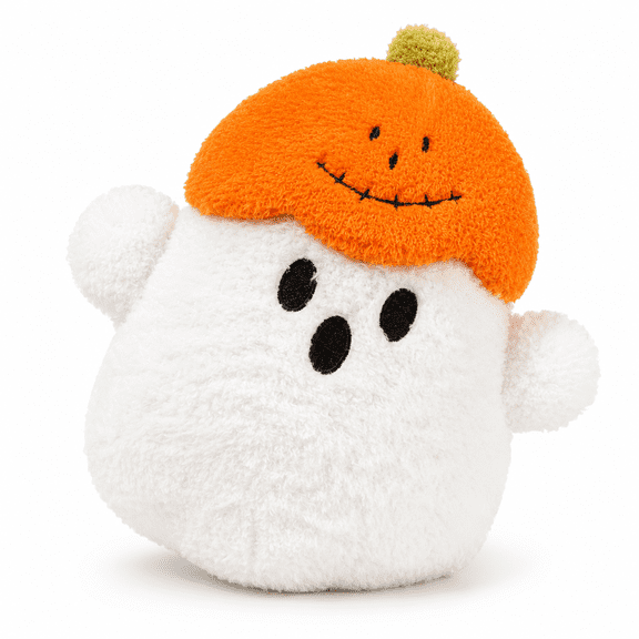 Halloween Pumpkin Ghost Plush Toy, 7.1 x 7.9 Inch Cute Ghost Stuffed Animal with Pumpkin Hat, Soft White Halloween Plushie, Kawaii Spooky Plush Pillow for Halloween Party Decor, Fall Gift, Room Decor