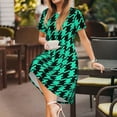 thumbnail image 3 of Picia Green and Black Houndstooth Pattern Women's Short Sleeve Summer Dress Pleated Loose Swing Knee Length Short Sleeve Swing Dresses, 3 of 6