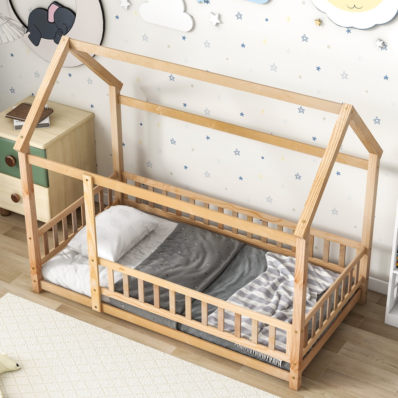 Twin Size Wooden Bed with House Roof Frame, House Bed Frame with Fence Guardrails for Girls Boys Teens, Natural