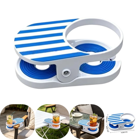 Fuebueo Desk Cup Holder Clip, Spill Proof Drinking Glass Holder for Office Table, Anti Spill Coffee Mug Clamp for Dorm Desk, Striped Blue