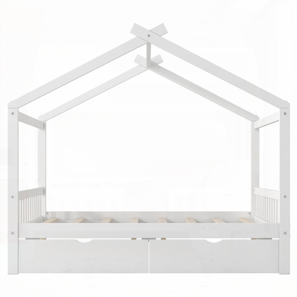 Full Size House Platform Bed with Storage & Roof Design|Two Drawers|White