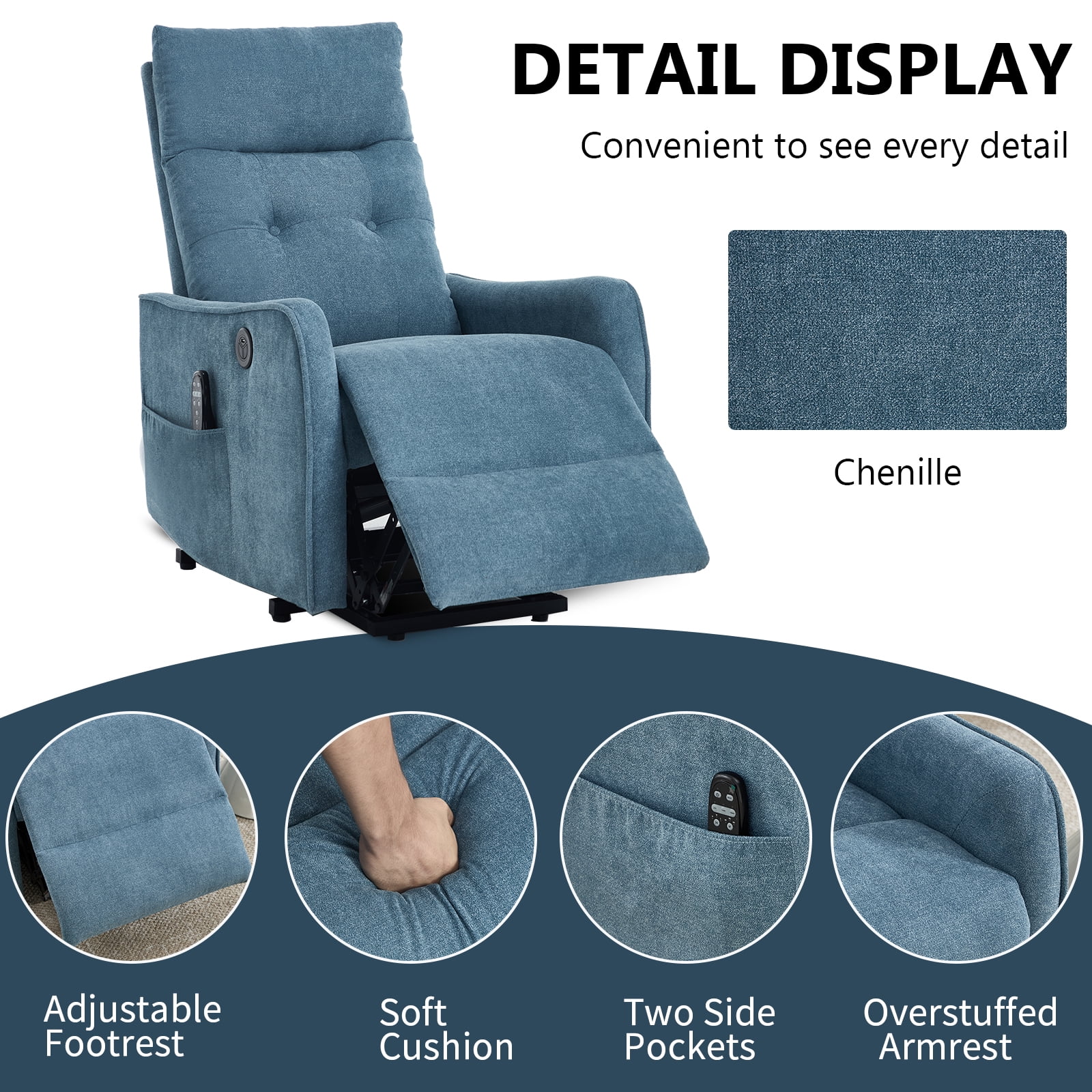 Power Lift Recliner Chair with Massage and Heat for Elderly, Heavy Duty Single Motor Lift Chair with USB Port, Easy-Clean Chenille Fabric, No Tools Assembly in One Box, Max 155° Reclining