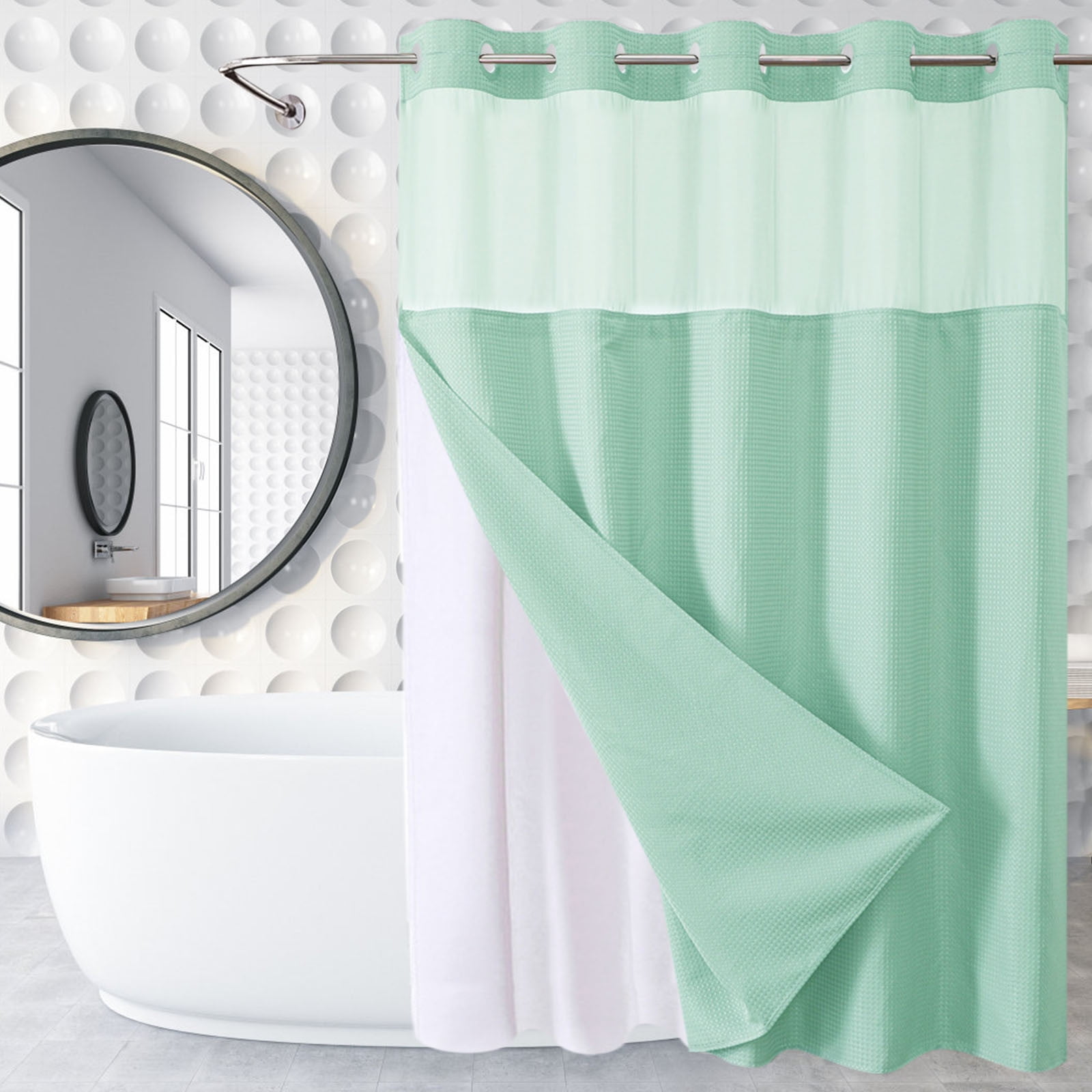 Waffle Weave Heavy Duty Shower Curtains, No Hook Shower Curtain with Snap in Fabric Liner, Hotel Style Waterproof Bathroom Curtain Set, 72 x 64 Inch