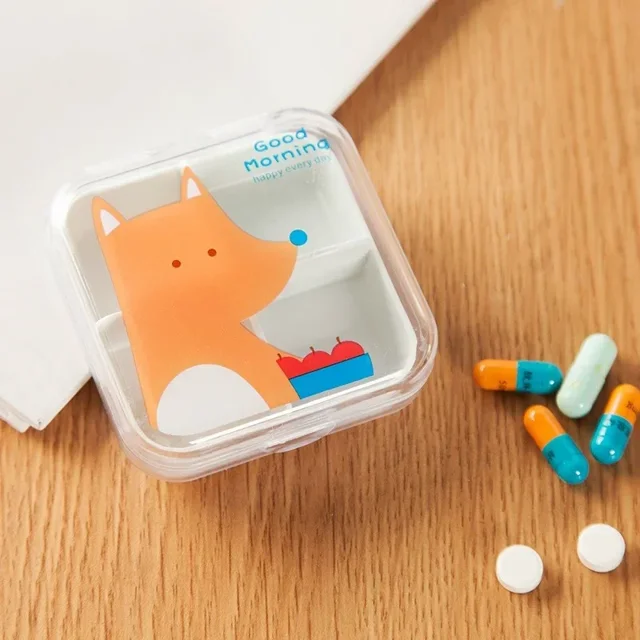 Mini caja de almacenamiento de pastillas de plástico vacía portátil con 4 ranuras, transparente, con dibujos animados, accesorios de viaje