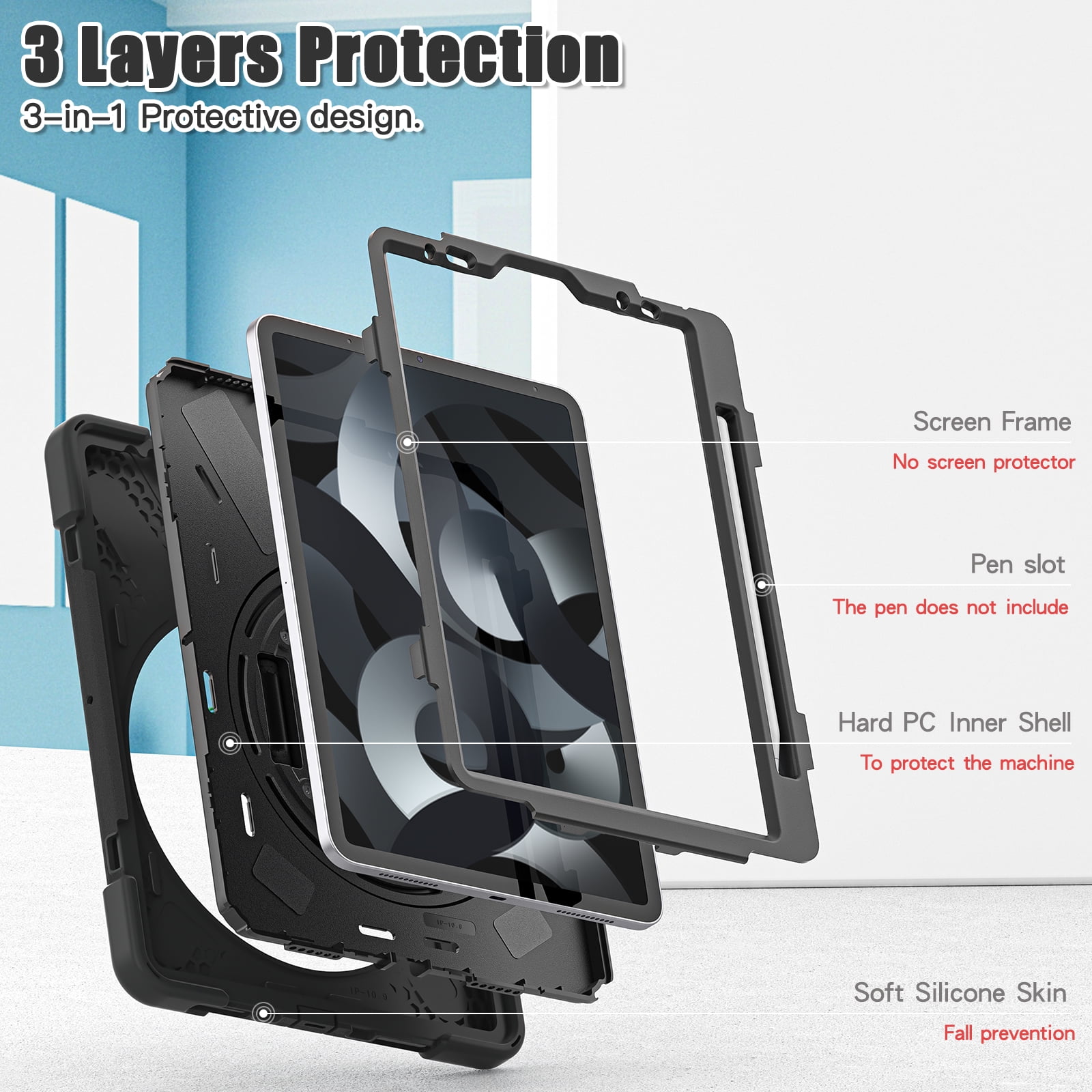 ELEHOLD Case For Apple iPad 11th(A16) 2025/10th Gen 2022, Military Grade Silicone Hybrid Rugged Case with Pencil Holder Rotating Stand Hand/Shoulder Strap,Black
