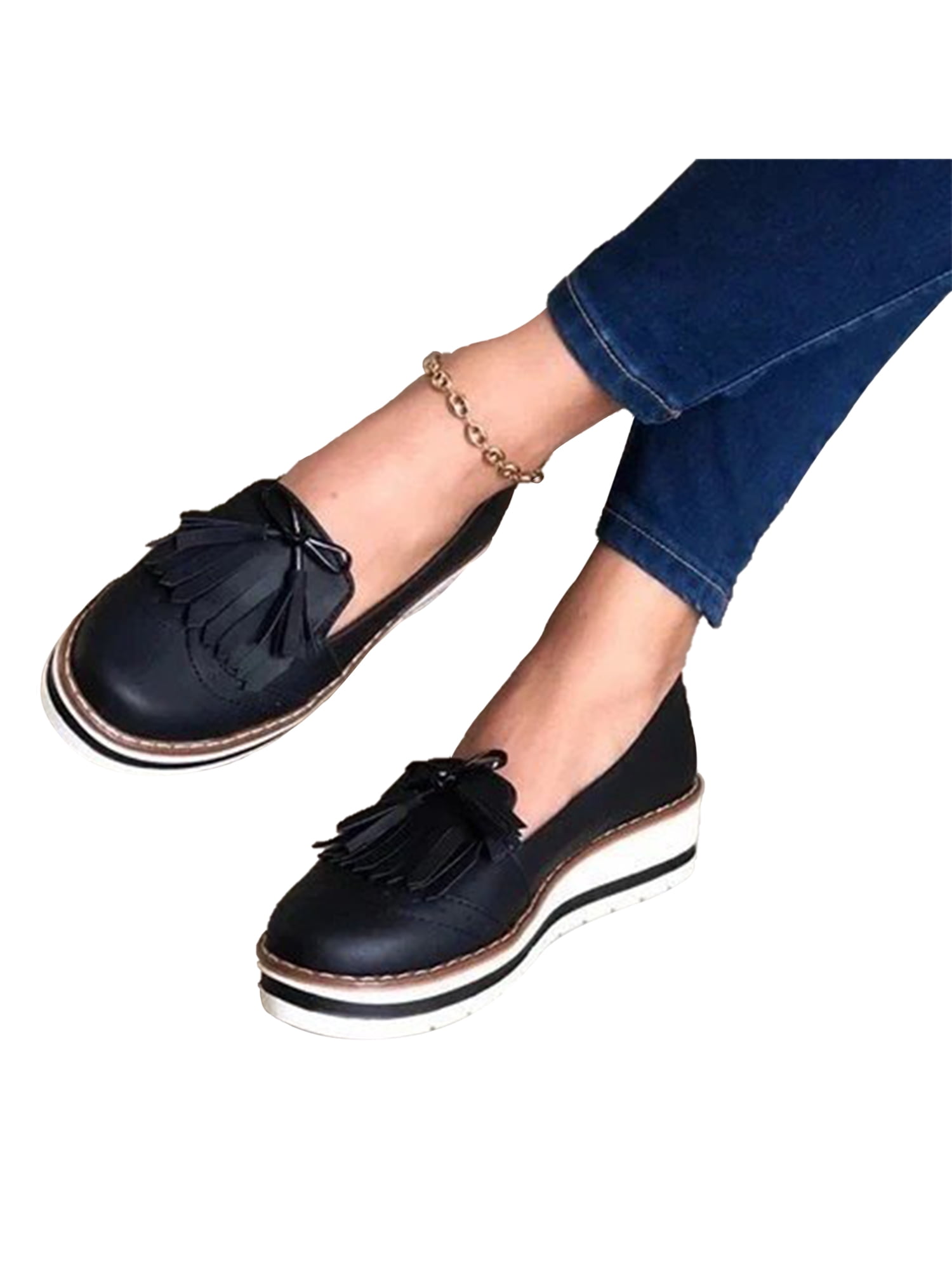 WOMENS LADIES LOW HEEL WEDGE LEATHER TASSEL LOAFERS COMFORT MOCCASINS SHOES SIZE 