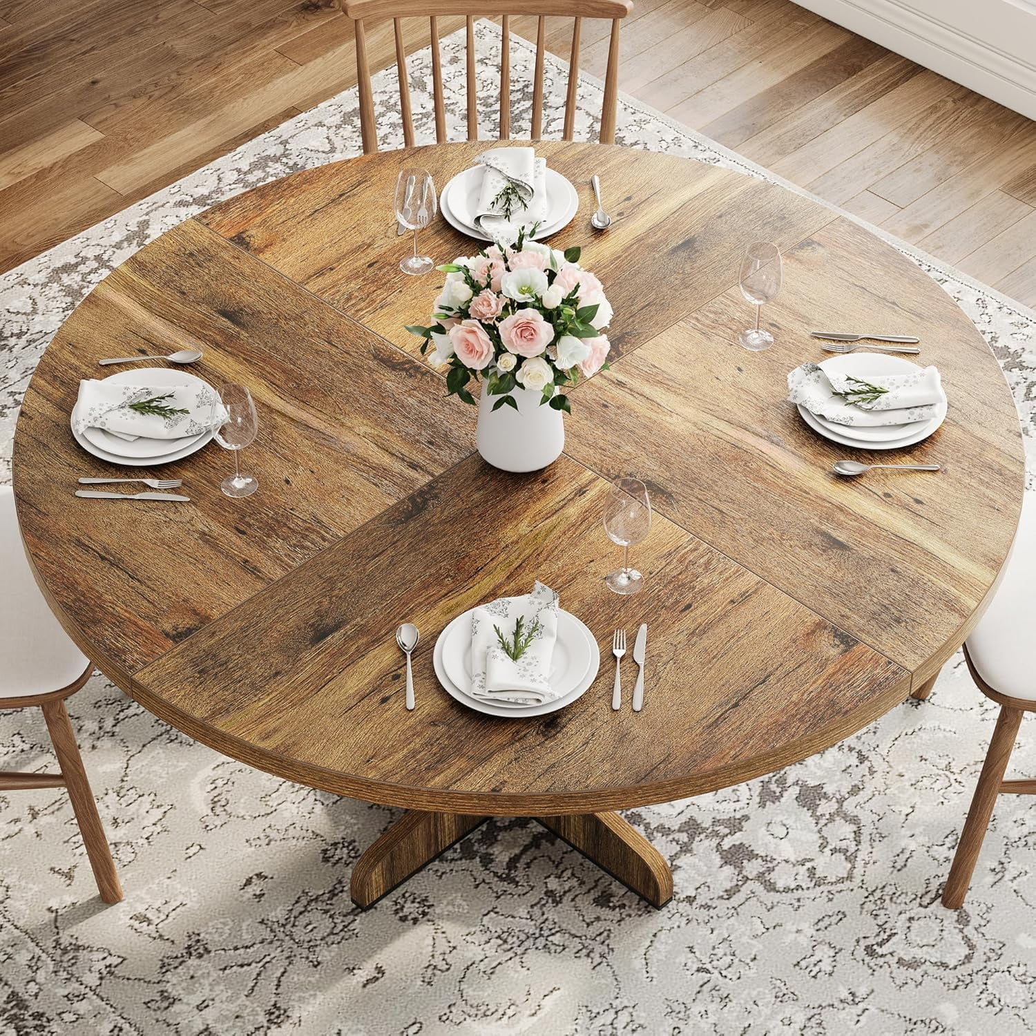 GAOMON 47 inch Round Dining Table for 4-6 People, Farmhouse Circle Kitchen Table with Wooden Table Top and Legs, Dinner Table for Dining Room Living Room, Brown (Only Table)
