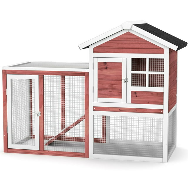 Gymax Wooden Chicken Coop 2-Story Rabbit Hutch Indoor Outdoor Use Red+White+Black