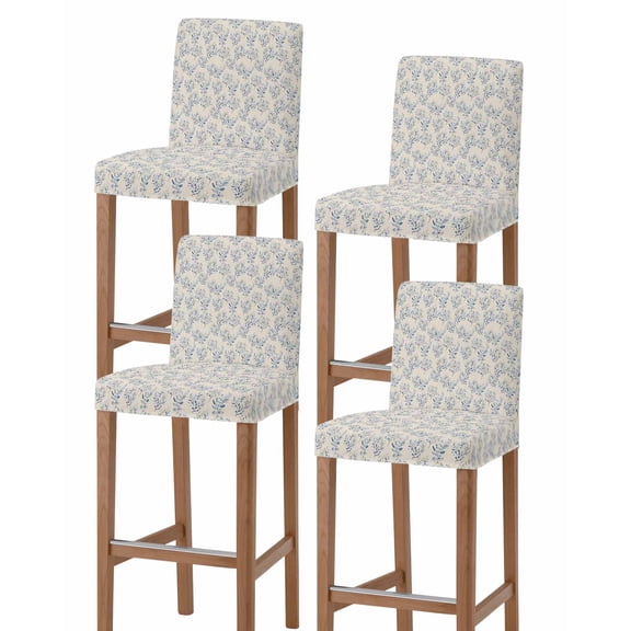 Rustic Blue Leaves Bar Stool Covers Set of 4, Farmhouse Botanical Beige Stretch Washable Bar Chair Covers with Backs, Removable Pub Counter Height Chair Cover for Kitchen Dining Room Cafe