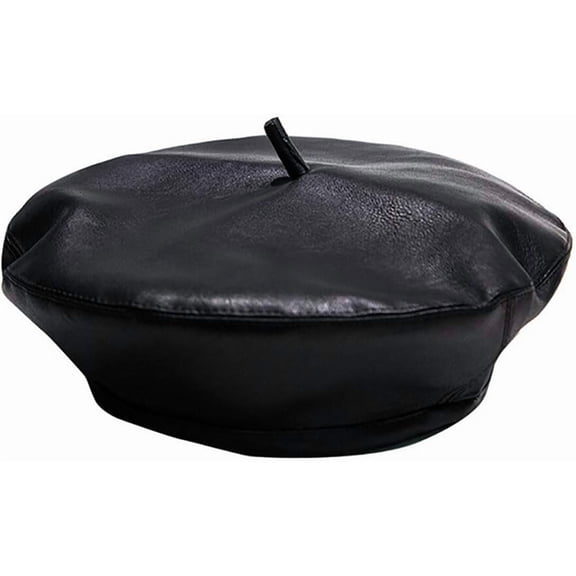 BURIBURI Women PU Leather French Black Beret Hat Causal Beanie Hat