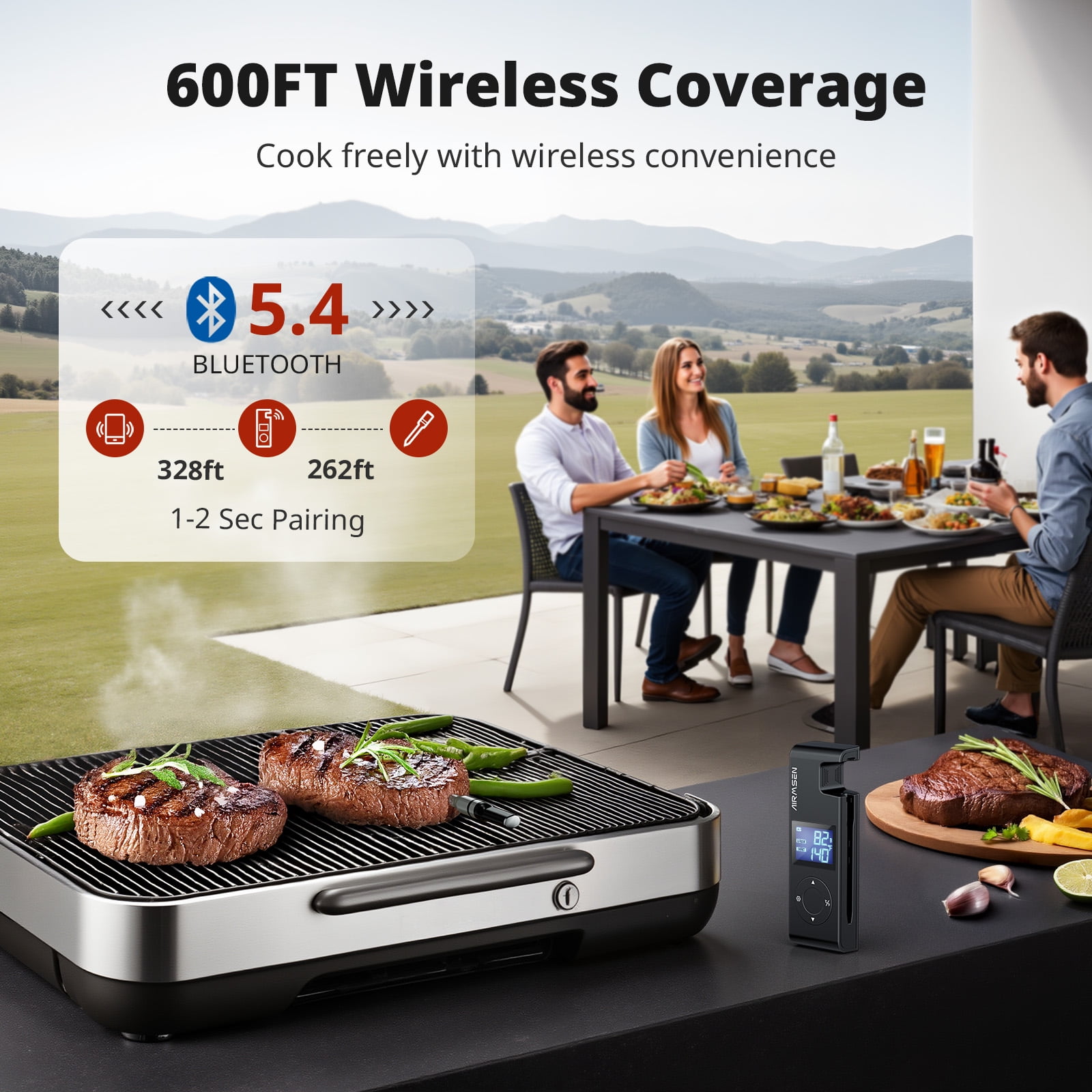 AIRMSEN 600FT Wireless Meat Thermometer, Bluetooth 5.4 Digital Food Cooking Thermometer with Standalone Base, 72H Battery & 20-Min Meat Probe, for Oven, Smoker, Grill, BBQ, and Rotisserie