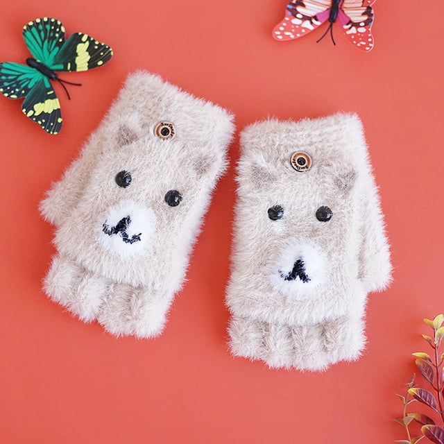 Children Winter Warm Casual Knit Cute Pattern Mittens Plus Velvet Flip Fingerless Multifunction Glove