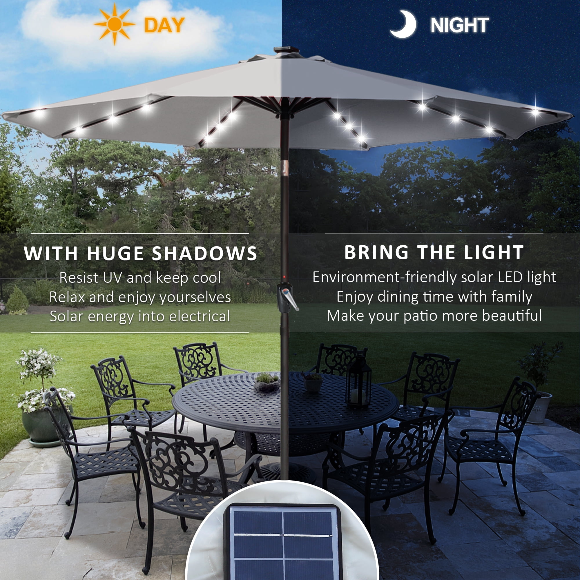 ABCCANOPY 7.5ft Patio Solar Umbrella LED Outdoor Umbrella with Tilt and Crank, Light Gray