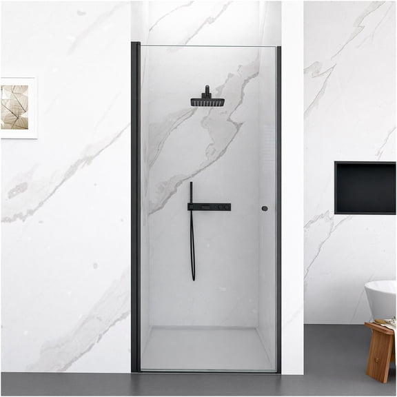 JERFIT Semi-Frameless 24x72 Inch Matte Black Pivot Shower Door, 1/4" Tempered Glass with Reversible Hinges for Left/Right Opening