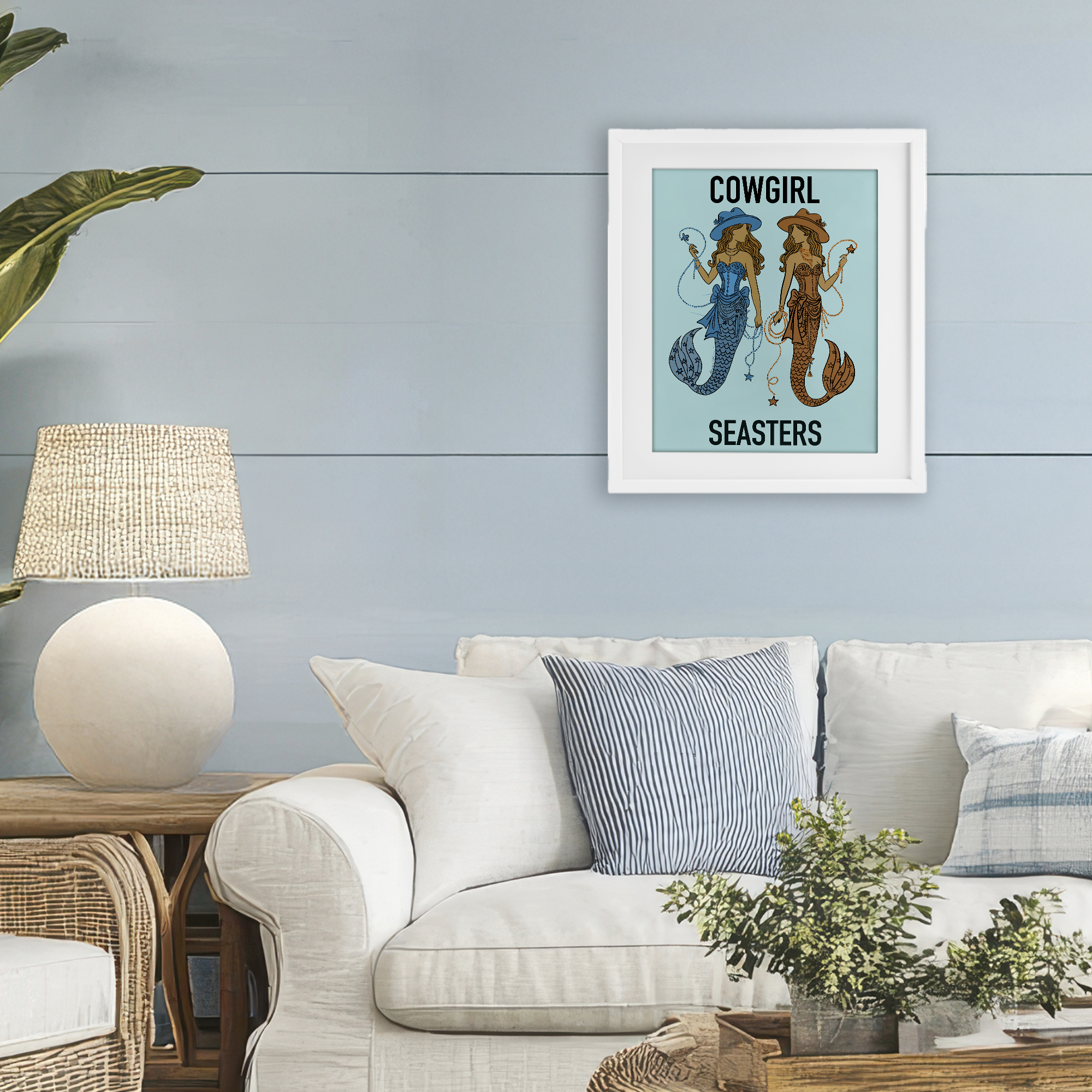 Cowgirl Seasters Mermaid Friendship White Framed Print Under Glass, design by Amelia Noyes