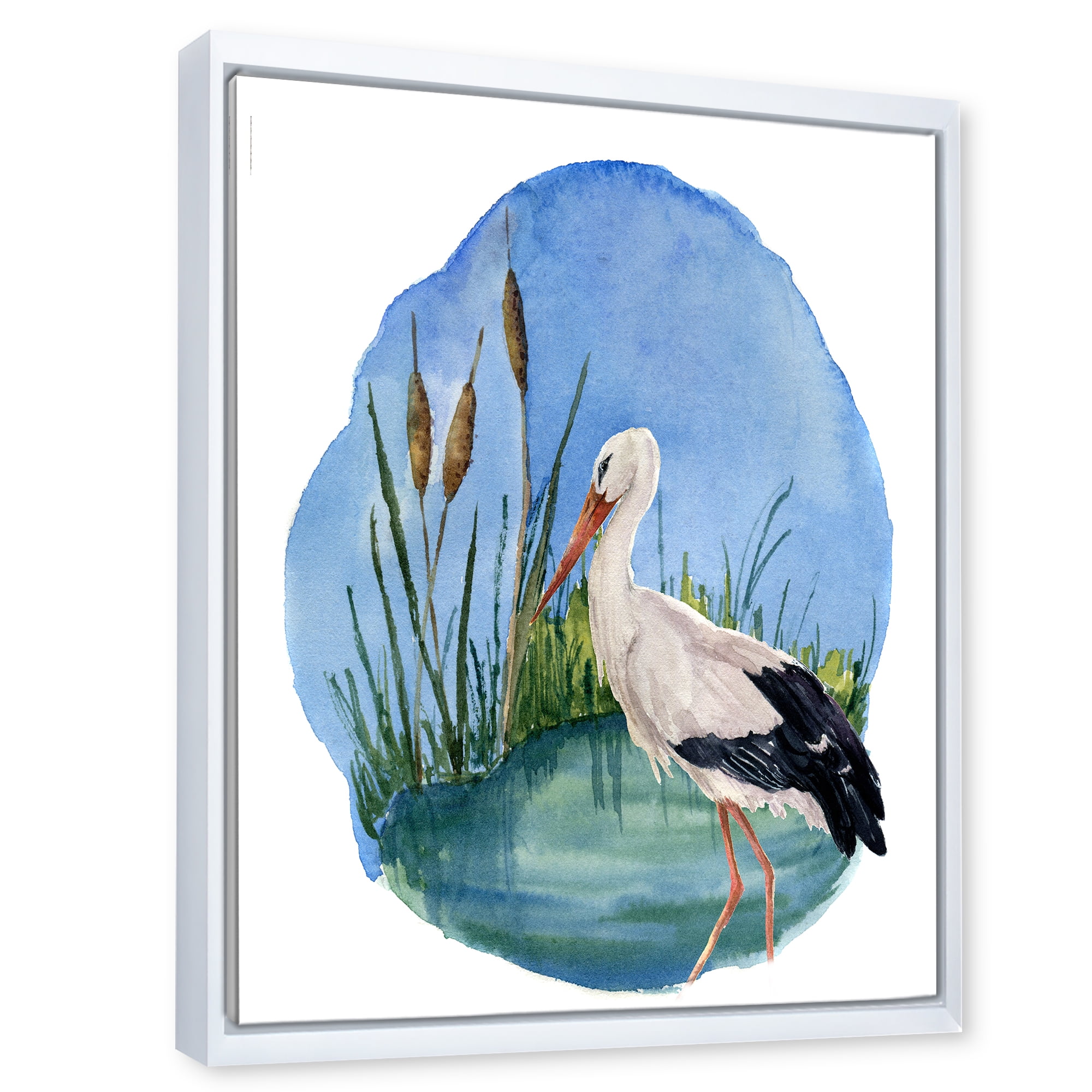 Designart 'White Stork On The Swamp Blue' Traditional Framed Canvas Wall Art Print