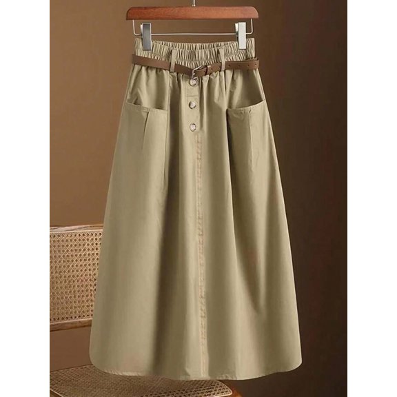 Women Versatile Solid High Waist Midi A-Line Skirt with Elastic Waistband, Simple Casual Draped Bottoms Suitable for Daily Commuting and Various Casual Occasions Throughout Spring