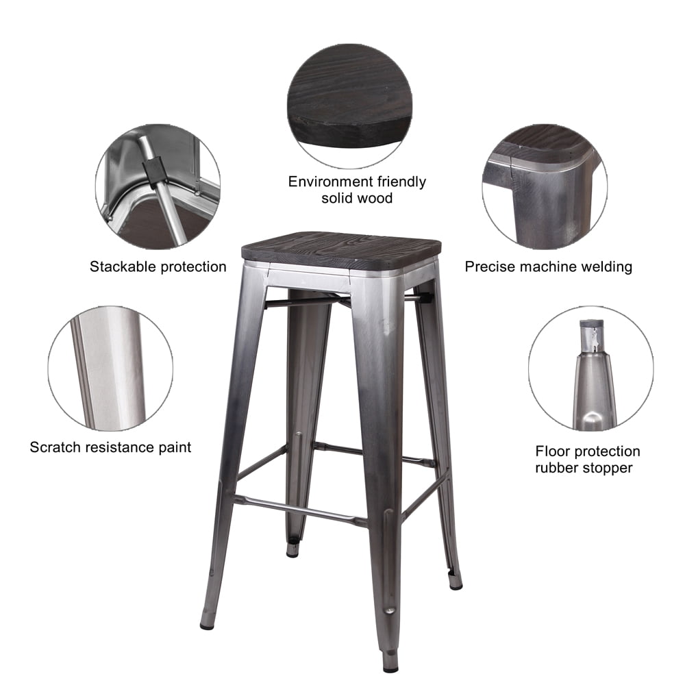 GIA Design Group 30 Inch Bar Height Backless Metal Stool with Dark Wood Seat, Gunmetal