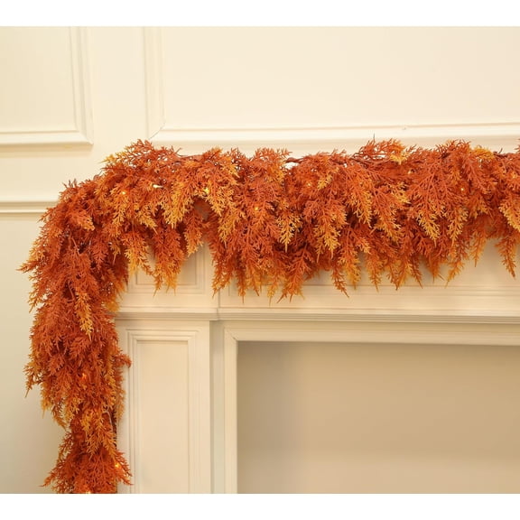 Guvpev 9FT Thanksgiving Fall Cedar Garland with 50 LED Timer Lights, 150 Branches Thick Realistic Artificial Orange Pine Garland for Mantel, Fireplace, Stairs, Indoor Outdoor Autumn Harvest Decor