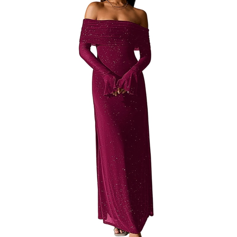 formal dresses xs XUNKUSGA Maxi Dress Fasgion Sequined Off Shoulder Slim Fit Womens Trumpet Long Sleeve Mesh Ruched Wedding Guest Dress Classic Soild Color Cocktail Dresses for Women Dresses XS-XL Red Web Collection: Valentines