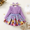 thumbnail image 3 of Kucnuzki Newborn Baby Girl Clothes 6 Months Fall Winter Dress 12 Months Long Sleeve Lace Trims Floral Patchwork Dress Headband 2PCS Set Purple 6-12 Months, 3 of 10