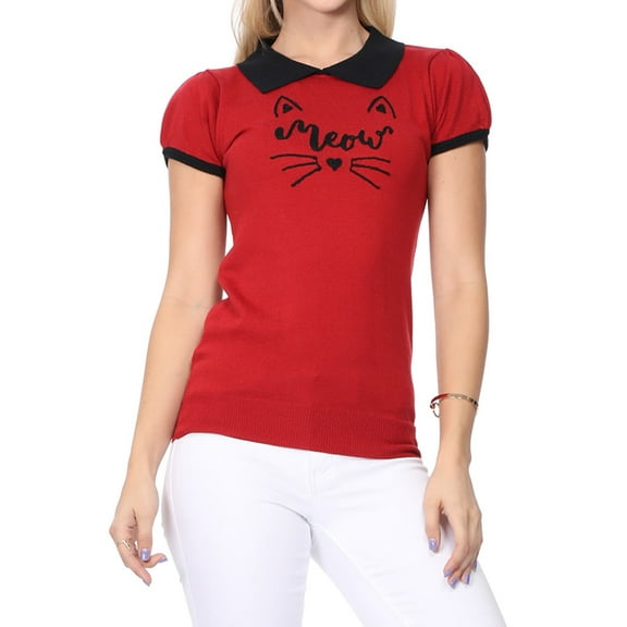 YEMAK Women's Meow Cat Contrast Collar Short Sleeve Pullover Sweater MK3591MEOW-RED/BLACK-S