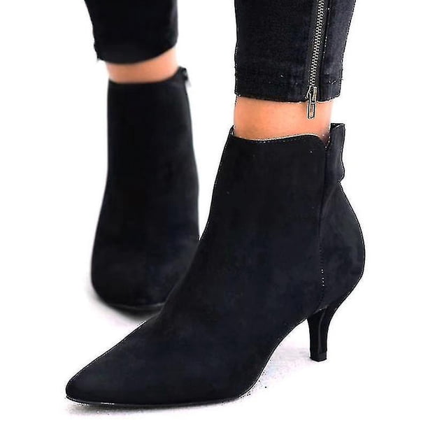 Botas de tobillo de fiesta para mujer Tacones de gatito medios bajos Zapatos de botines puntiagudos (negro)