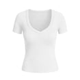 thumbnail image 5 of Oksale Deep V Neck Basic Tees for Women Trendy 2026 Slim Fit Short Sleeve Y2K Tops Soft Classic Solid Color T Shirts White M, 5 of 7