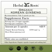 Herbal Roots Organic Korean Panax Ginseng, Herbs for Energy, Endurance, and Immune Support 60 Vegan and Organic Capsules