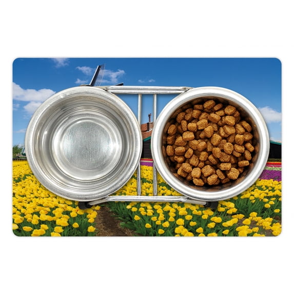 Windmill Pet Mat for Food and Water, Rustic Dutch Landscape with Colorful Yellow Tulips in the European Countryside, Non-Slip Rubber Mat for Dogs and Cats, 18" X 12", by Ambesonne