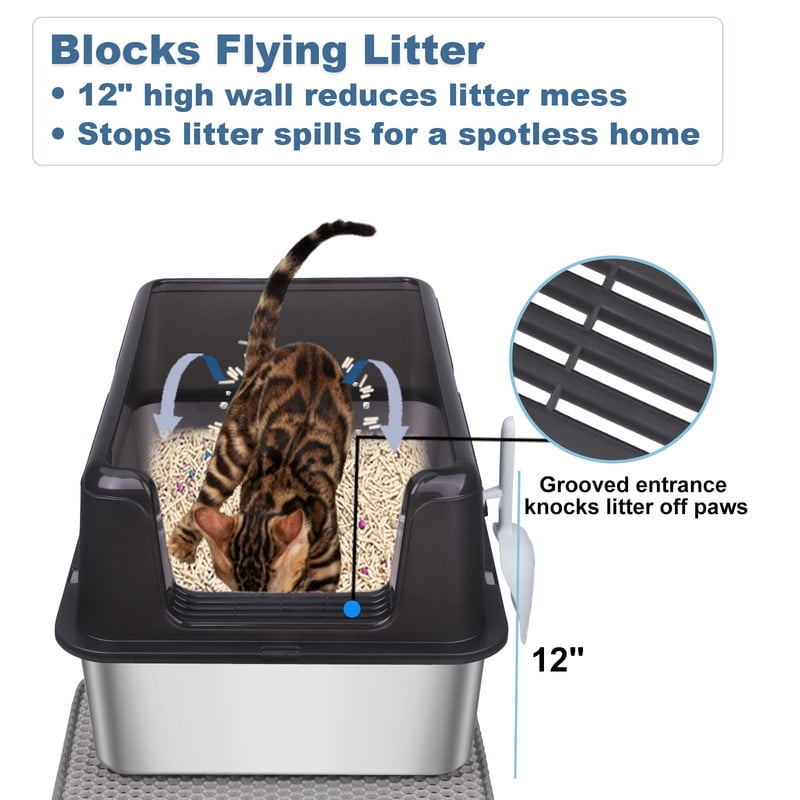 Active Mind Ltd 2-Pack Stainless Steel Cat Litter Box, Extra Large Litter Box, High-Wall Design for Odor Control & Less Tracking, for Various Large Cats, Black
