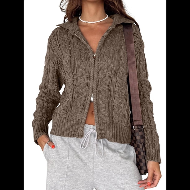 Cárdigan de Punto con Cuello Alto y Larga para Mujer, Moderno y Elegante, con Cremallera Frontal, Abrigo Extragrande para Otoño Café L